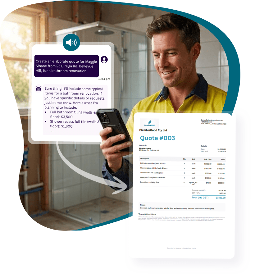Tradie creating a quote on his phone using Quoteroo's AI chat, with the generated PDF quote shown alongside